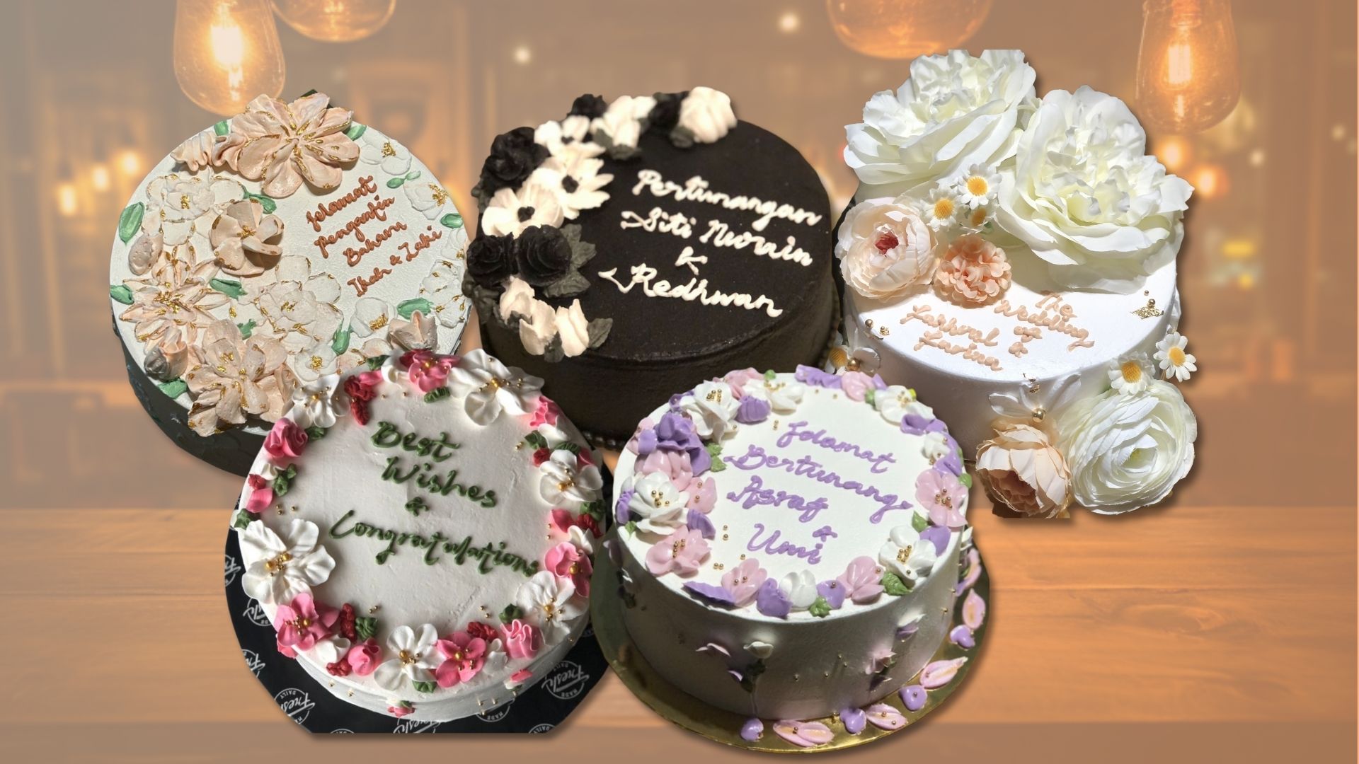 An elegant cake for a Hantaran ceremony, decorated with flowers.