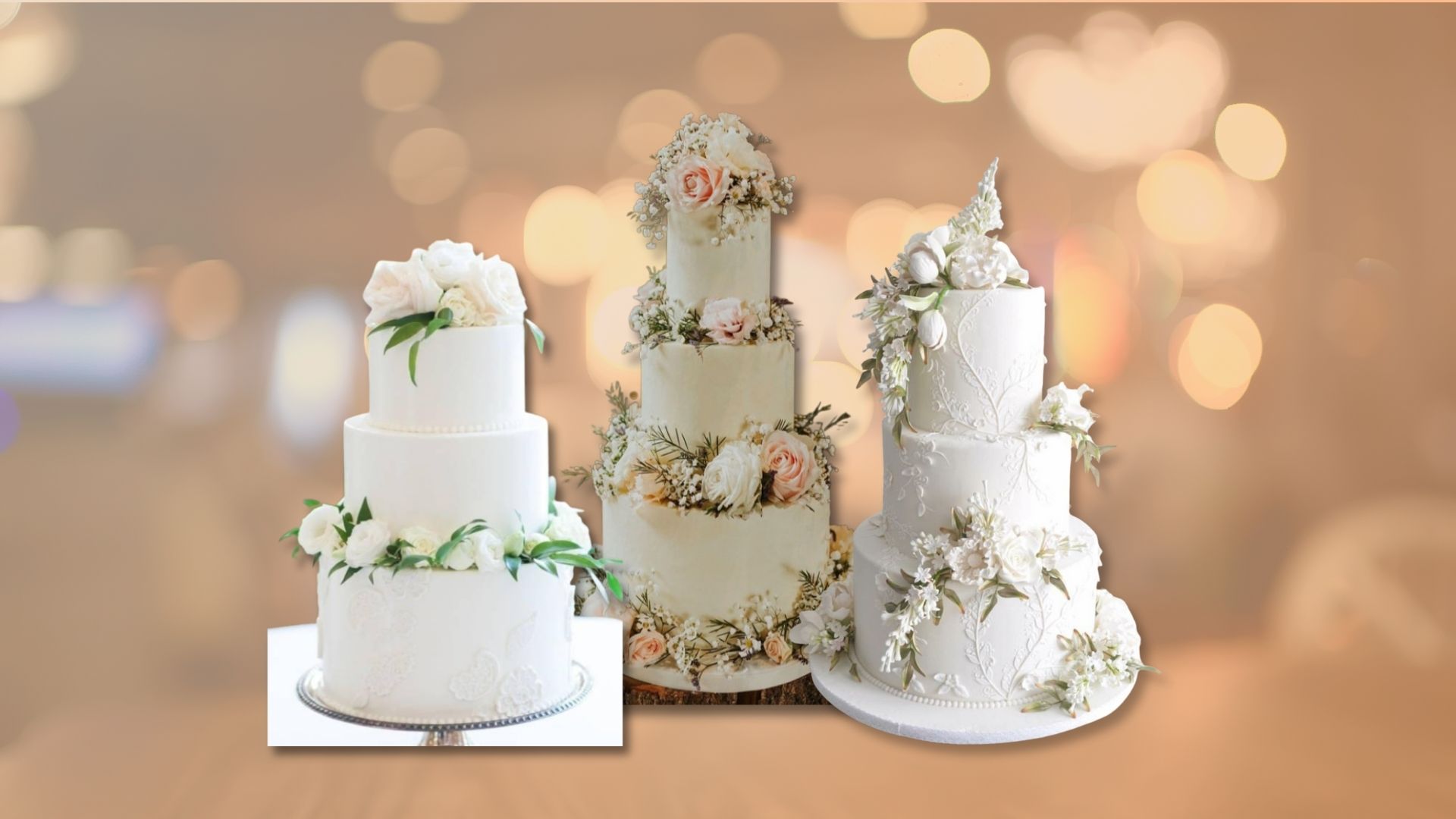A grand three-tier wedding cake, perfect for large celebrations.